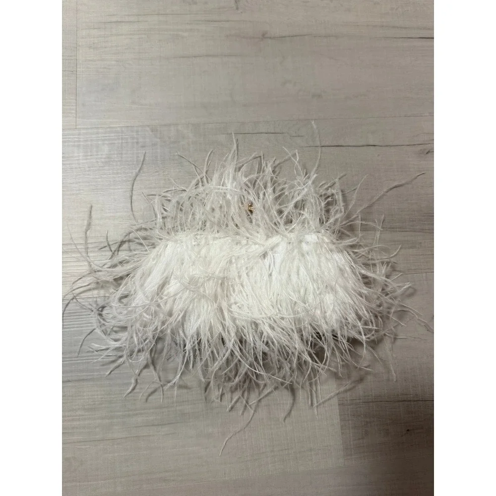 White Feather Clutch Bag Gold Rhinestone Ring Clasp Evening Bag